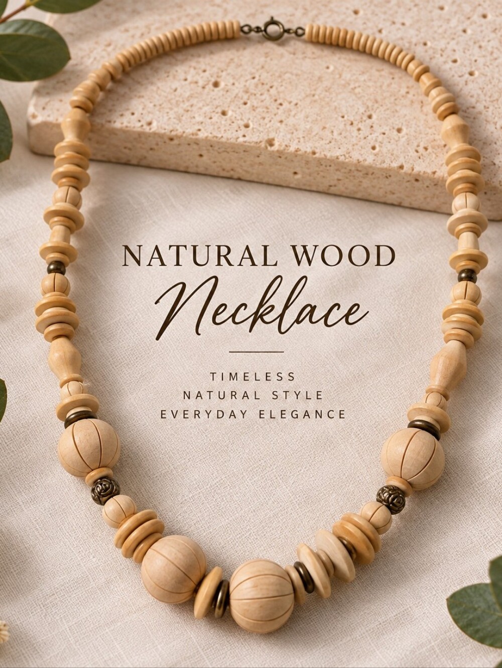 Natural Wood Beaded Necklace — Beige Wood Style